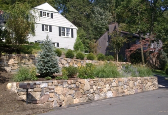 Stacked Stone Wall and Gardens create an inviting landscape at this Mountainside NJ property
