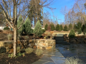 Patio and Gas Fire pit complete this landscaping design in Basking Ridge NJ
