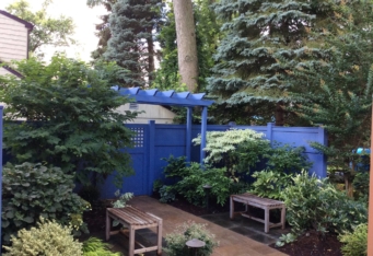 A pop of color with a blue pergola and fence in this Landscaping Design in Westfield NJ