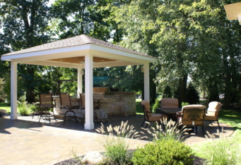 Outdoor seating and grilling area complete a Landscape Construction in Basking Ridge NJ