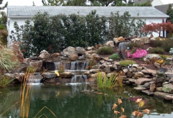 Plantings hide a garage and provide a backdrop for a waterfall and pond in this NJ landscape
