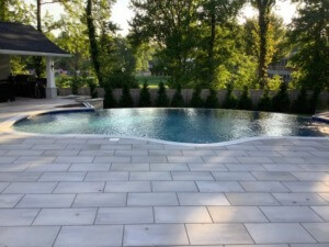 The completed pool in this Westfield NJ Outdoor Entertainment focused backyard.